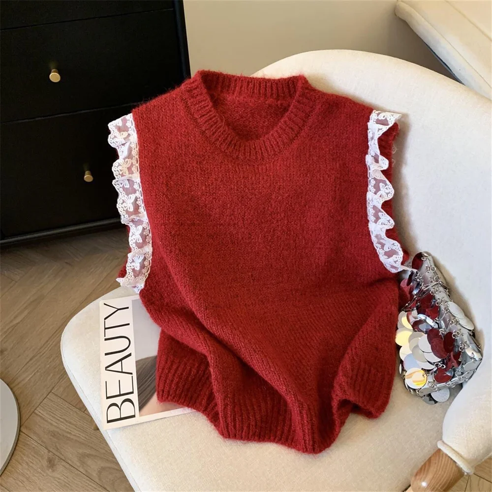 

Spring Autumn Fashion Loose O Neck Patchwork Flying Sleeve Vest Knit Lace Vintage Sleeveless Coat All-match Korea New Sweater