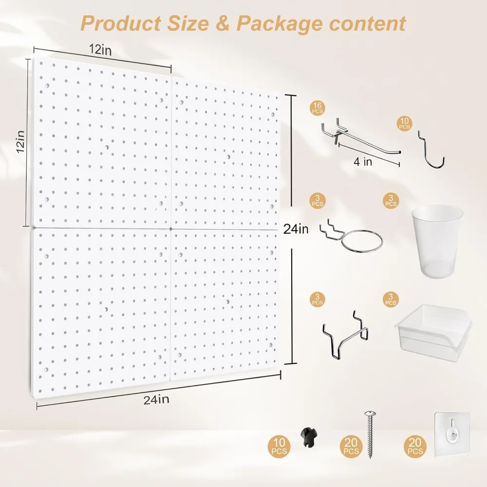 Peg Board,36pcs Pegboard Kit, Includes 4 White Pegboard and Pegboard Accessories,Plastic Pegboard,Pegboard with Hooks