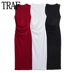 TRAF Black White Sleeveless Long Dress Woman Rib Knit Midi Bodycon Dress Women Ruched Elegant Party Dresses 2024 Summer Dresses