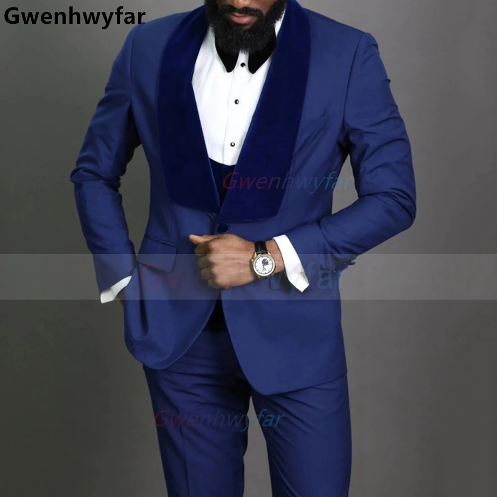 

Gwenhwyfar Royal Blue Shawl Lapel Slim Fit Men Suits Wedding Formal Groom Tuxedos African Fashion 3 Pieces Set Jacket Vest Pants