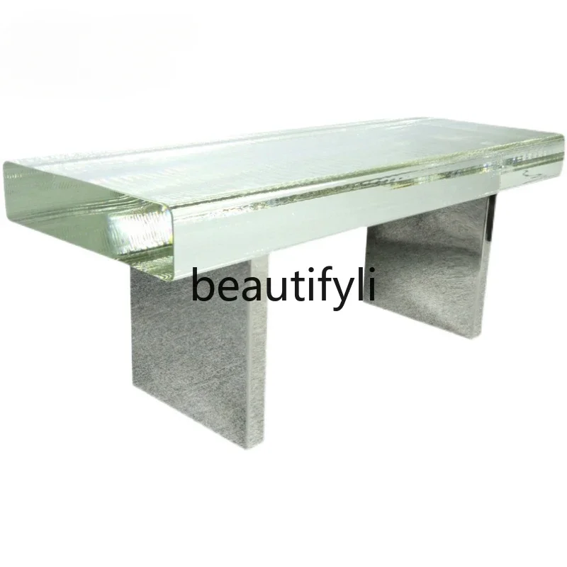 

yj9 Minimalist transparent crystal bench simple light luxury modern glass transparent water corrugated stainless steel