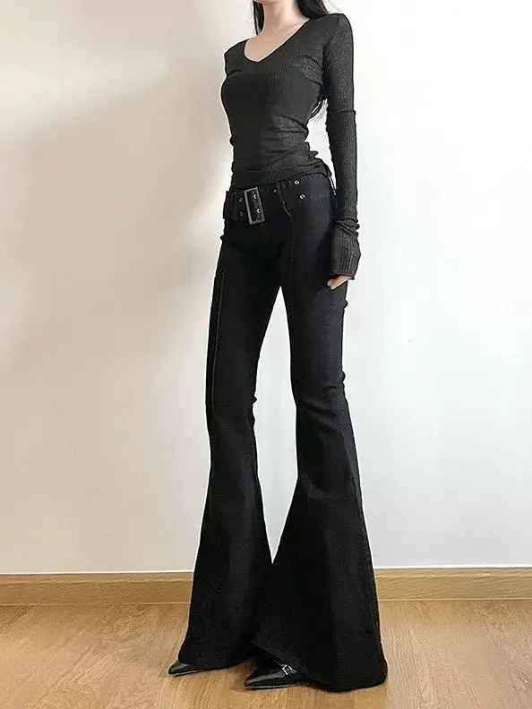 

Women American Retro Y2k Streetwear Harajuku Black Flare Jeans with Belt Low Rise 2000s Grunge Denim Pants Slim Goth Trousers