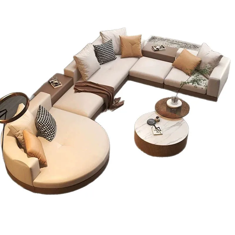 

Italian minimalist sofa large apartment high-end luxury large flat-layer fabric leather corner sofa combination
