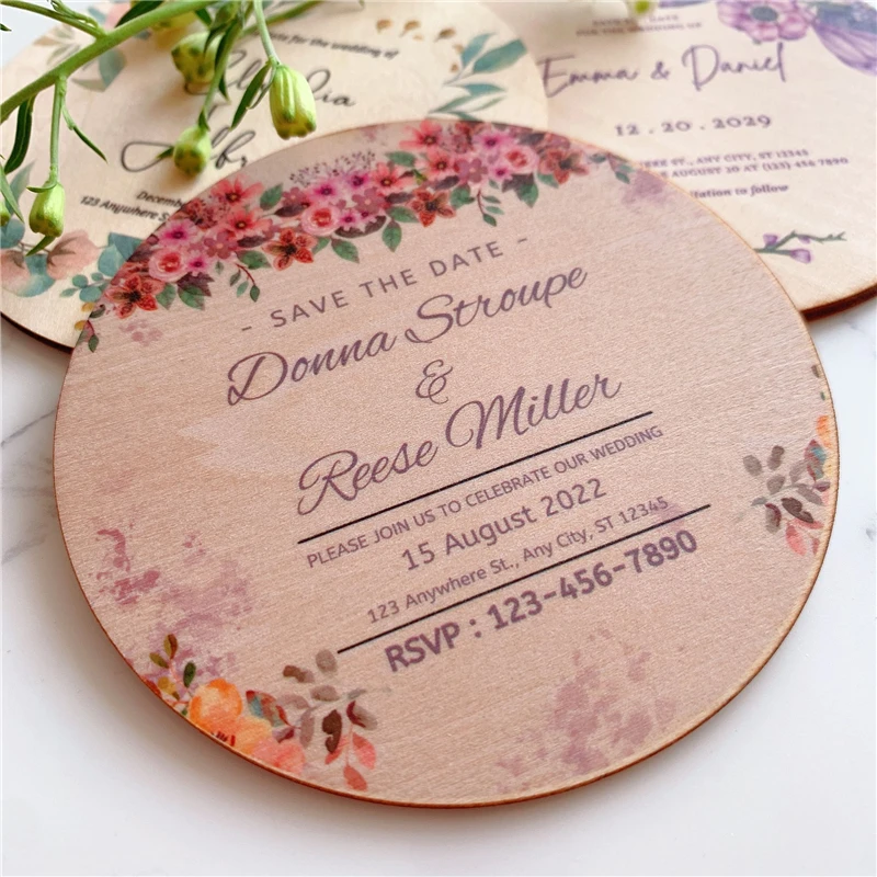 

Custom Made Save the Date Round Wooden Wedding Invitation Rustic Fridge Magnet with Gift Box