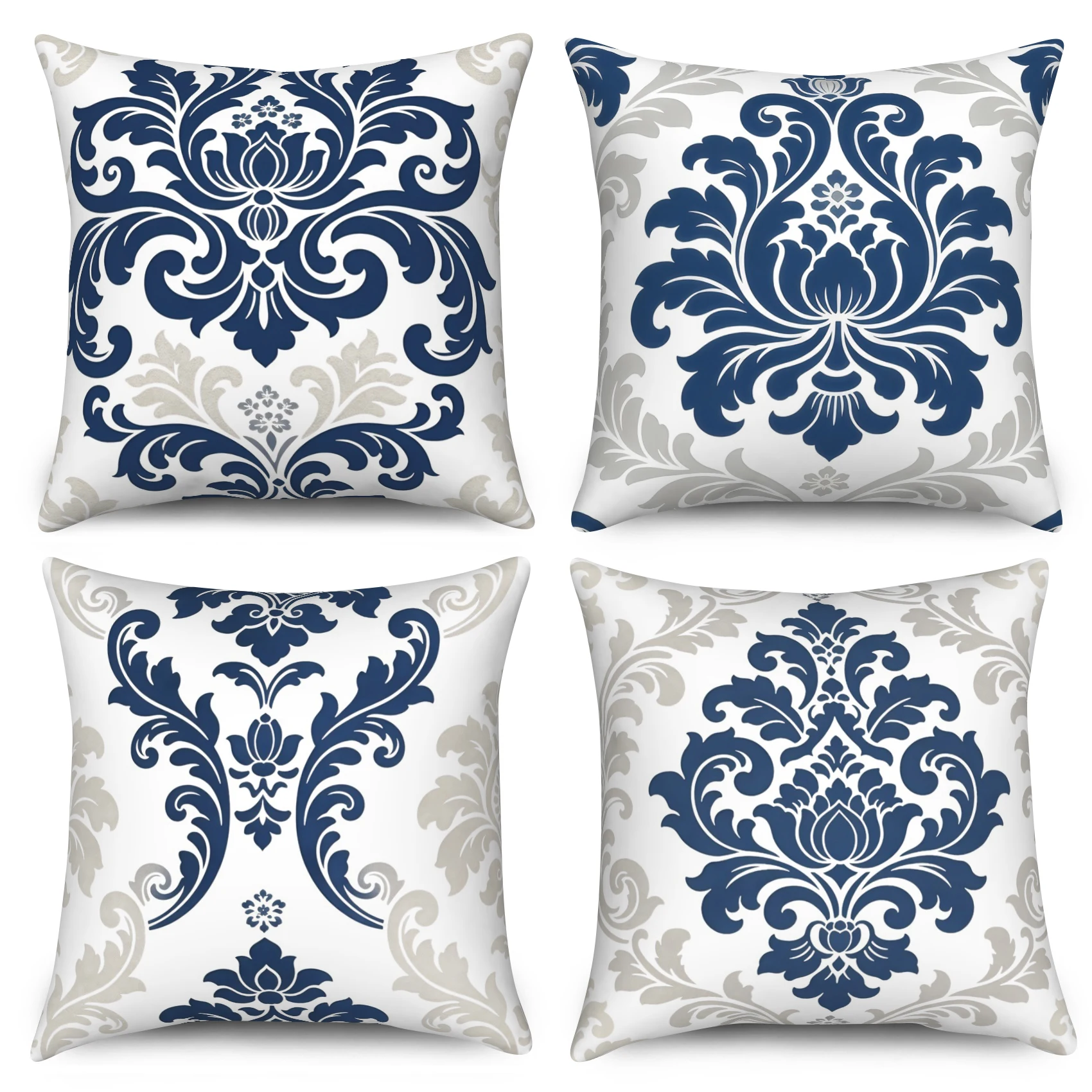 4Pcs/Set Navy Blue Damask Throw Pillow Covers, White Grey Floral Cushion Cases, Polyester/Linen, No Insert, Elegant Home Decor