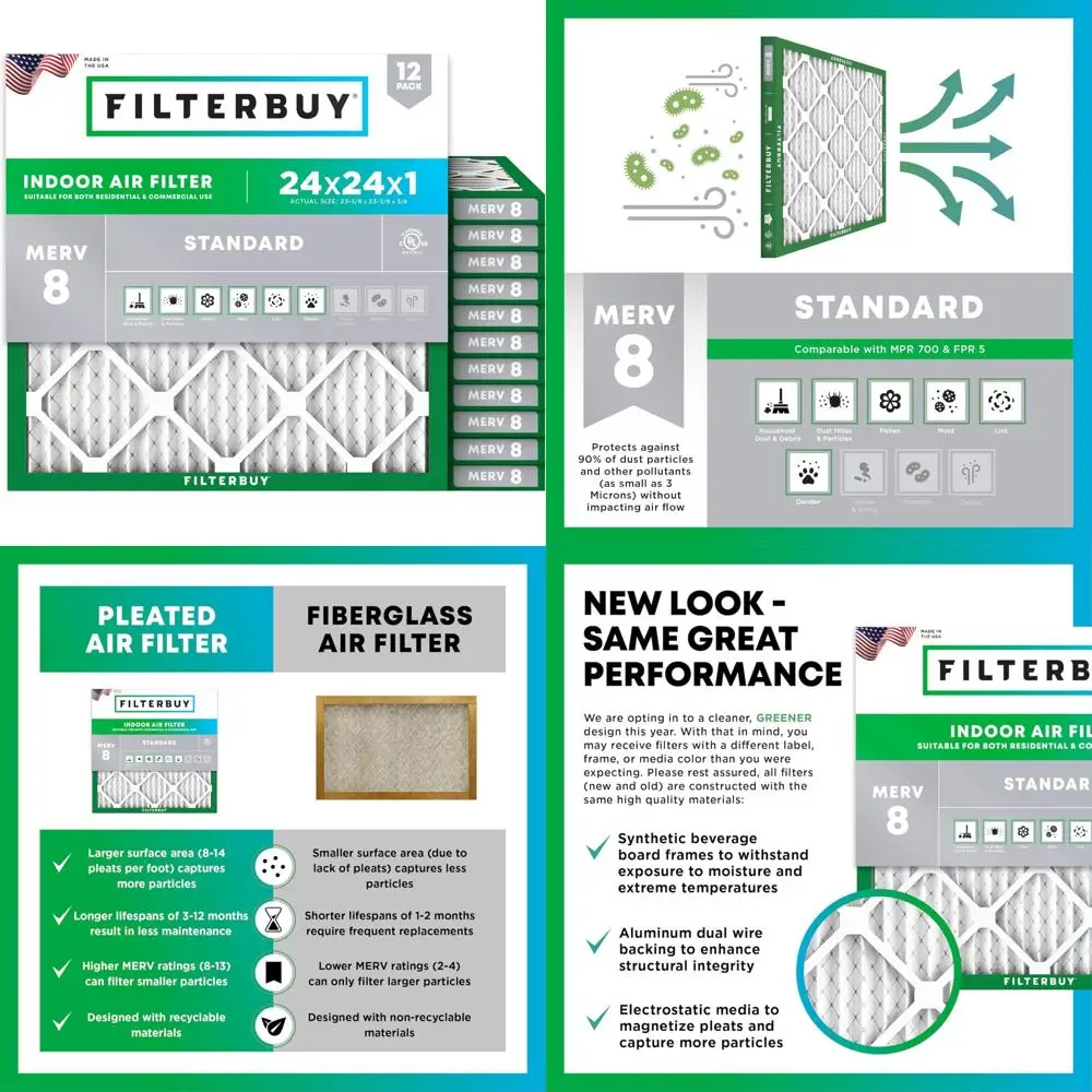 

24x24x1 MERV 8 Pleated Air Filters Dust Defense Replacement Pack of 12 for HVAC AC Furnace Systems