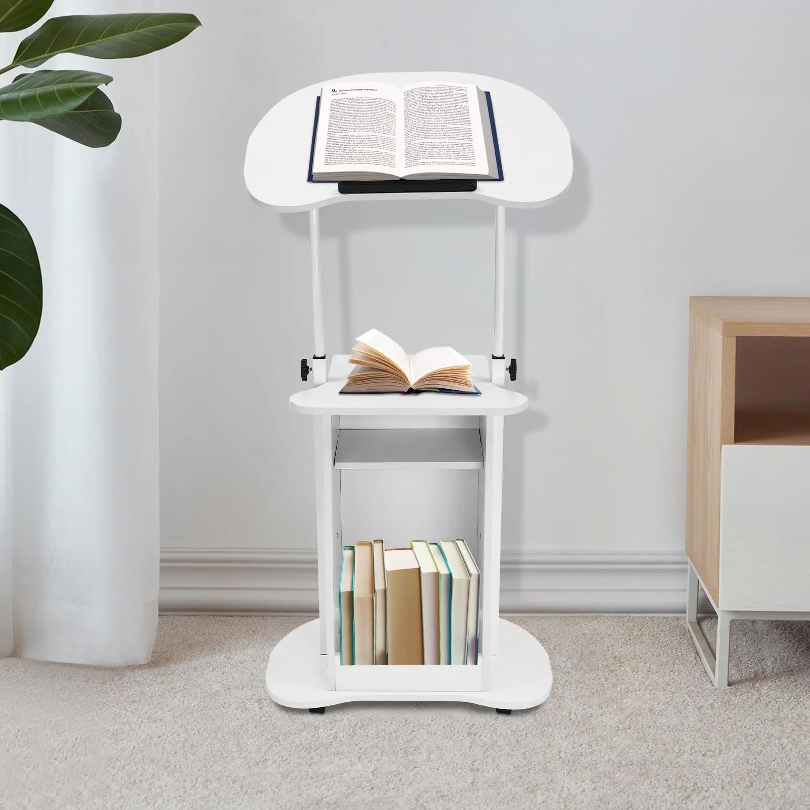 Púlpito de pé móvel, pódio de púlpito de pé ajustável em altura, pódio portátil para laptop móvel, suporte de pódio branco com 4 unidades
