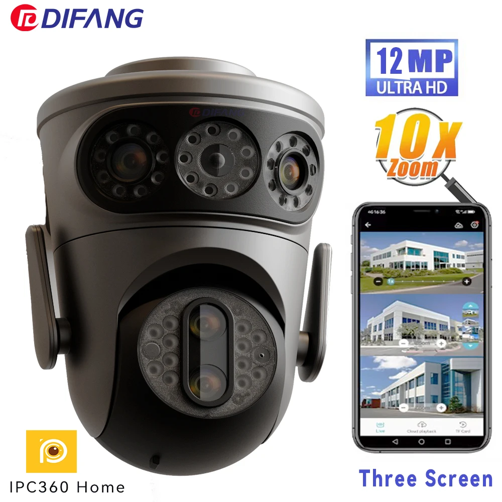 6K UHD WiFi Camera Outdoor Three Lens Three Screen Waterproof CCTV 10X Zoom Wireless Video Surveillance Street Cam IPC360 Home