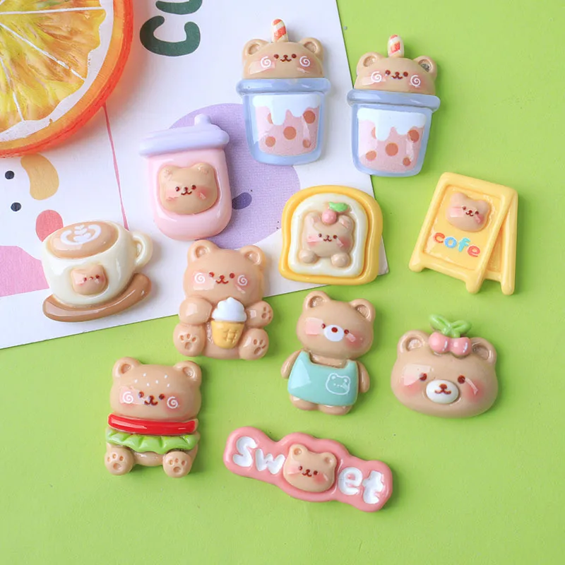 100pcs New Cute Cartoon Milk Tea Coffee Cake Bear Flat Back Resin Cabochons Scrapbook Diy Wedding Hairpin Accessories Craft