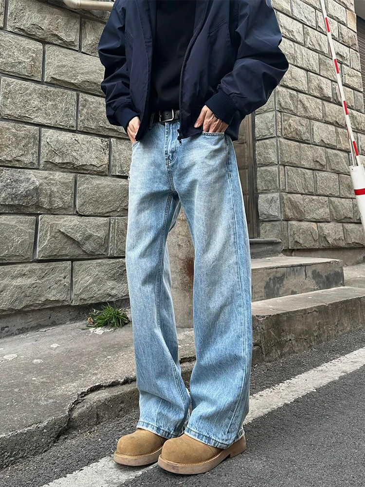 

Светло-голубые мужские джинсы прямого кроя с микро-клешем, в американском стиле High Street, облегающие, стройнящие брюки