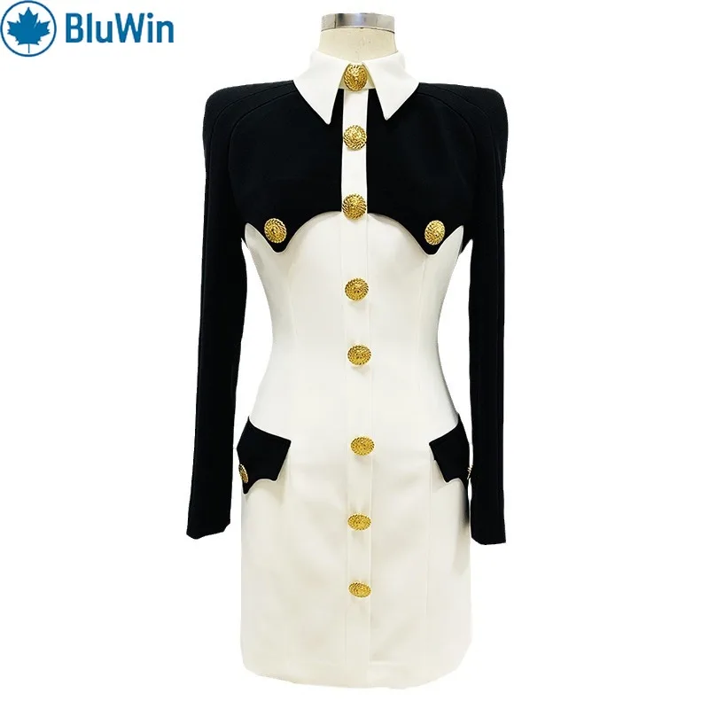 

BluWin Black White Colorblock Shirt Collar Bodycon Midi Dress Women Slim Fit Elegant Office
