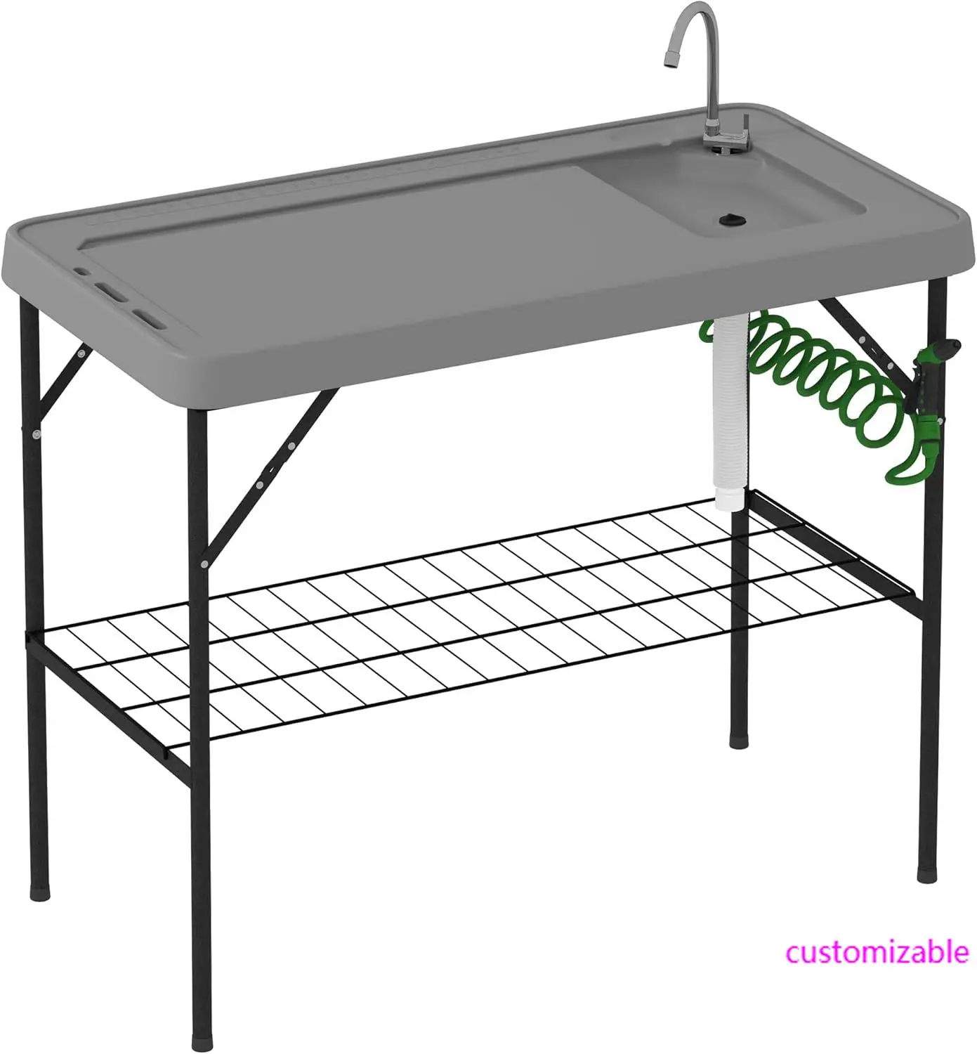 

Folding Fish Cleaning Table with Sink, Portable Camping Sink Station with Faucet, Drainage Hose, Sprayer and Grid Rack