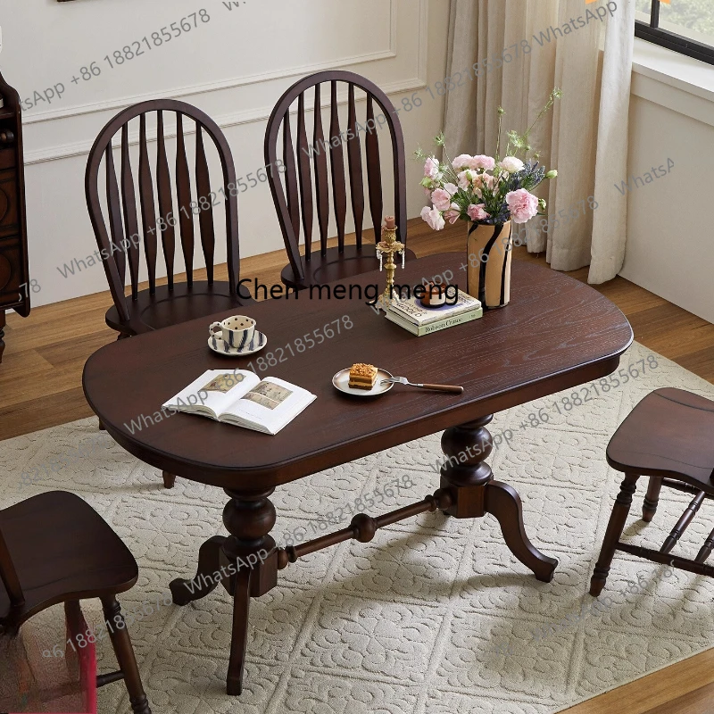 

American-style Solid Wood Dining Table and Chair Set French Retro Oval Large Table