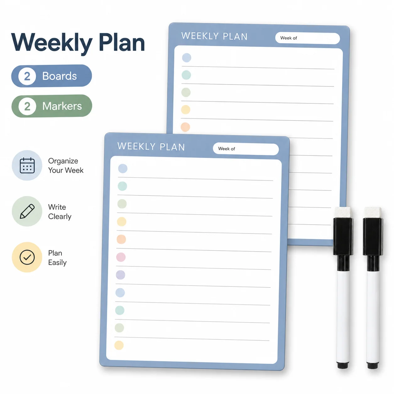 

4-Piece Weekly Planner Sticker Set, 2 Blue Weekly Plan Stickers with 2 Dry Erase Markers