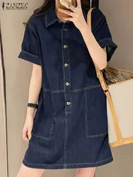 ZANZEA Women Denim Shirt Dress 2024 Summer Short Sleeve Korean Sundress Vintage Turn Down Collar Robes Casual A Line Dresses