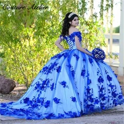 Azul real frisado pérolas 3d flores quinceanera vestidos fora do ombro vestido de baile doce dezesseis vestidos de casamento tule tulle