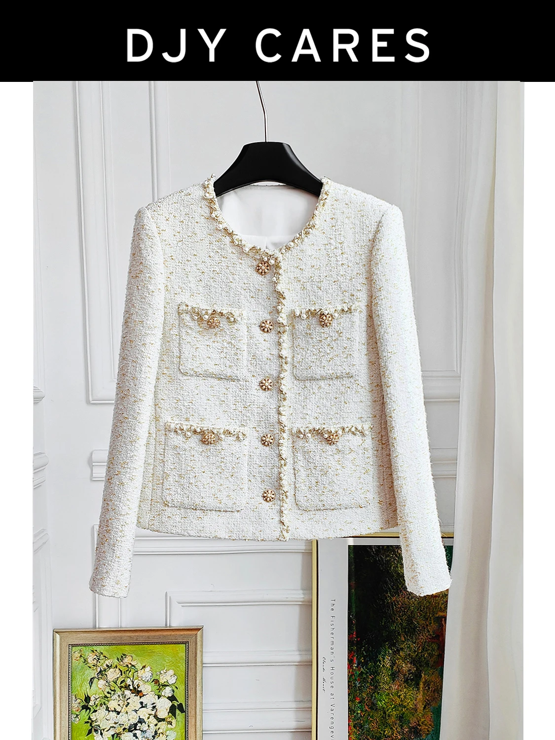

New Coarse woolen woven jacket, high-end handmade pearl top big size