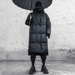 Thick Winter Coats Men Techwear Fake Zipper Hooded Padded Long Parkas Jacket Streetwear Black Overcoat Outwear