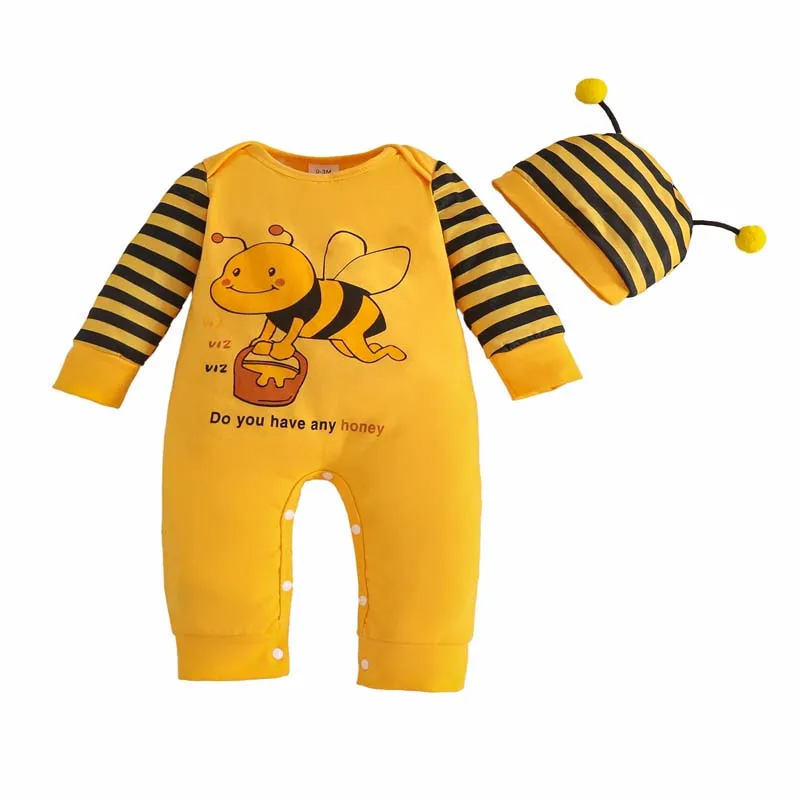 Cute Bee Baby Clothing 3 6 9Months Boy Girl Outfits Long-sleeved Striped Bee Pattern Bodysuit and Hat 2Pcs/Set for Spring Autumn