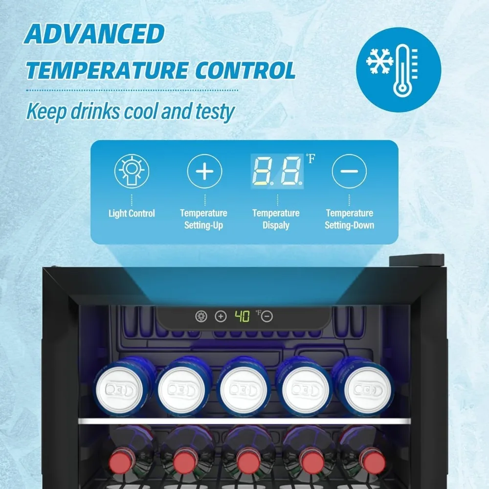 Compact Beverage Refrigerator, 95 Can/2.6 Cubic Feet Fridge with Glass Front Door for Soda, Beer or Wine, Under Counter Small Re