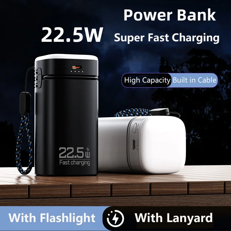 

20000 мАч Power Bank PD3.0 22,5 Вт Powerbank с быстрой зарядкой и подсветкой для iPhone 16, портативное зарядное устройство Samsung Xiaomi со встроенным кабелем