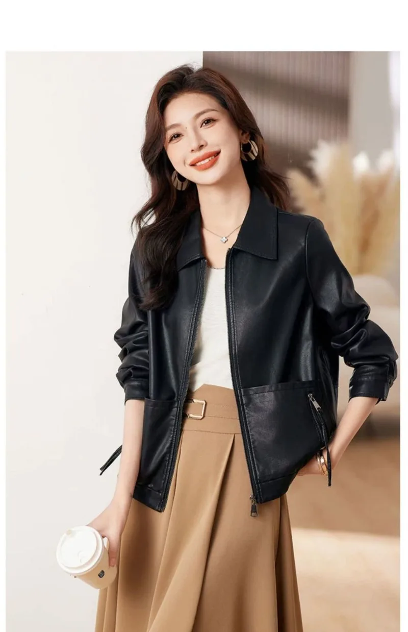 New 2026 Temperament PU Leather Jacket Women's Autumn Lapel Loose Motorcycle Jacket Ladies Casual Female Outwear Overcoat
