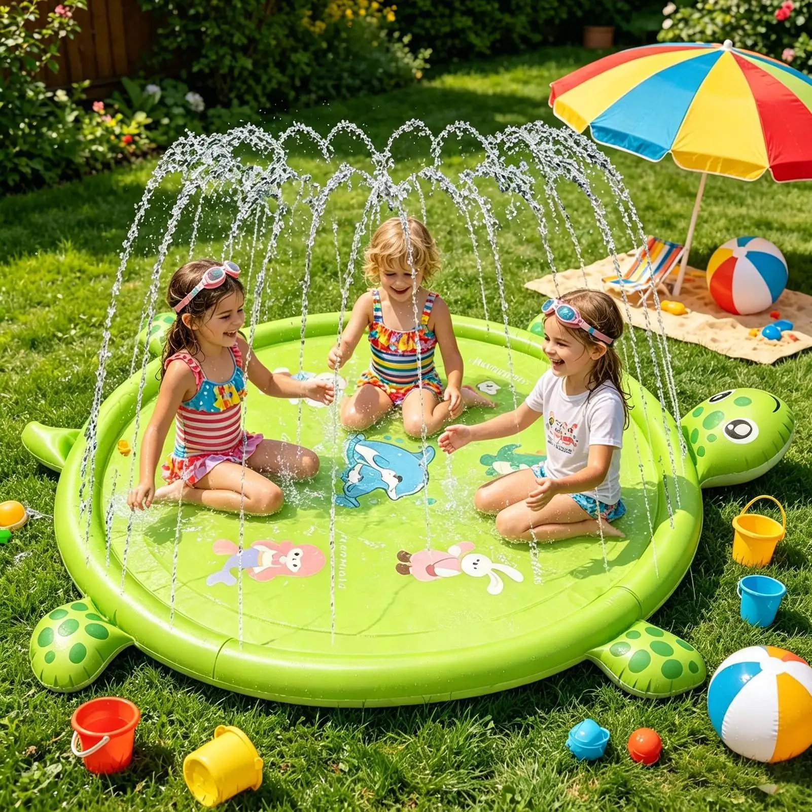 

Water Play Pad 83.9in Non-slip Cute Turtle Pool Games Water Play Mat Sprinkler for Boys Girls Pets Backyard Garden Lawn Summer