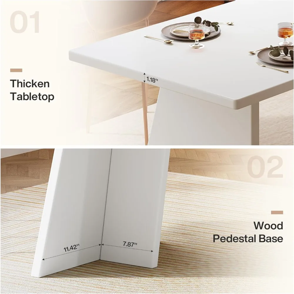 Modern Rectangular Dining Table by Tribesigns, 63 White Kitchen Table with Glossy Top and Strong Double Pedestal Base