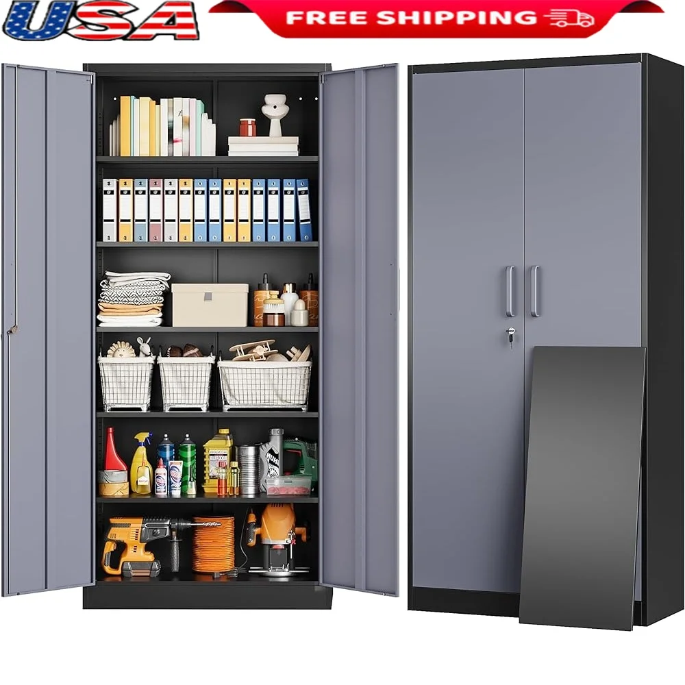 

Metal Storage Cabinet with Lock 5 Adjustable Shelves Locking Doors Durable Garage Tool Cabinet Safe Storage Solution