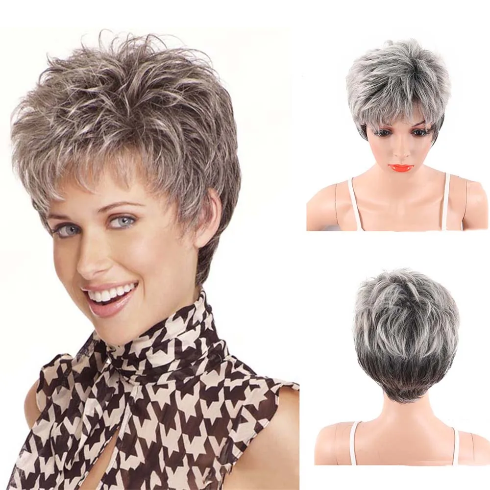 

Short Straight Ombre Grey Wig with Bang for Women Synthetic Natural Hair Wig Dark Roots Heat Resistant Wigs