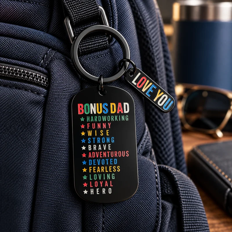 Bonus Dad Keychain Bag Charm, Black Metal Dog Tag Key Ring Pendant, Handbag Backpack Accessory, Appreciation Gift for Step Fathe