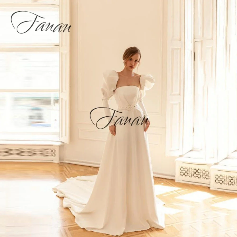 

Simple Puff Sleeve Wedding Dresses Chiffon Sweep Train Square Collar Backless Gowns Long A-Line Bride Dress 2022