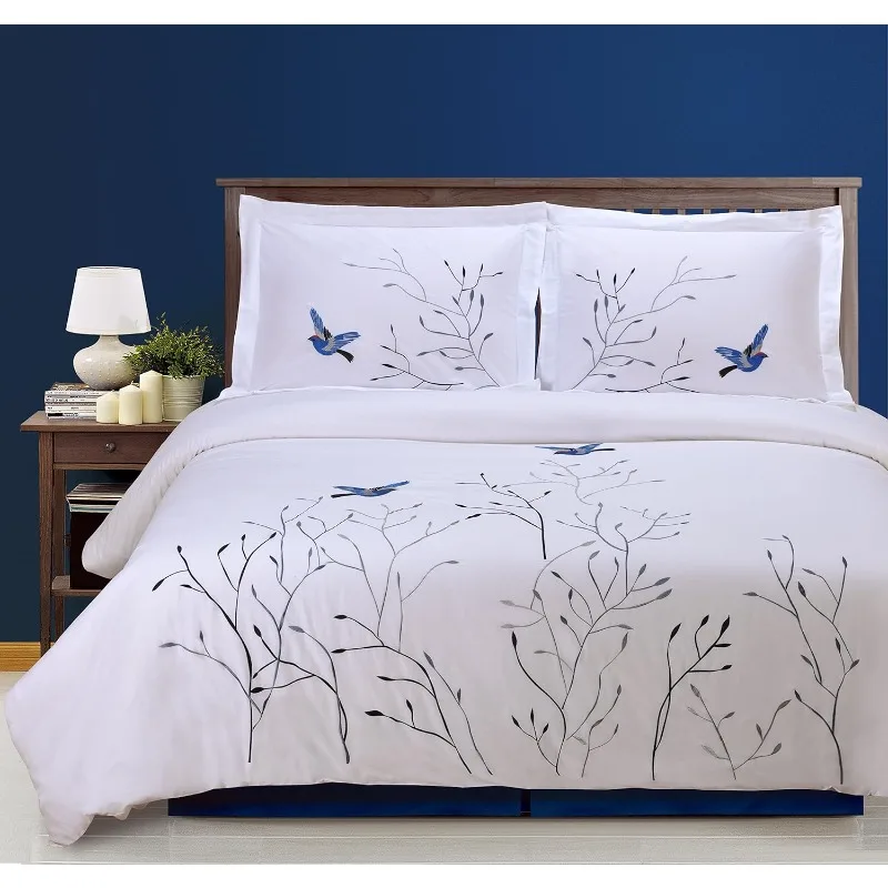 Superior 100% Cotton Percale Embroidered 3-Piece Duvet Cover Set, Full/Queen, Blue Swallow