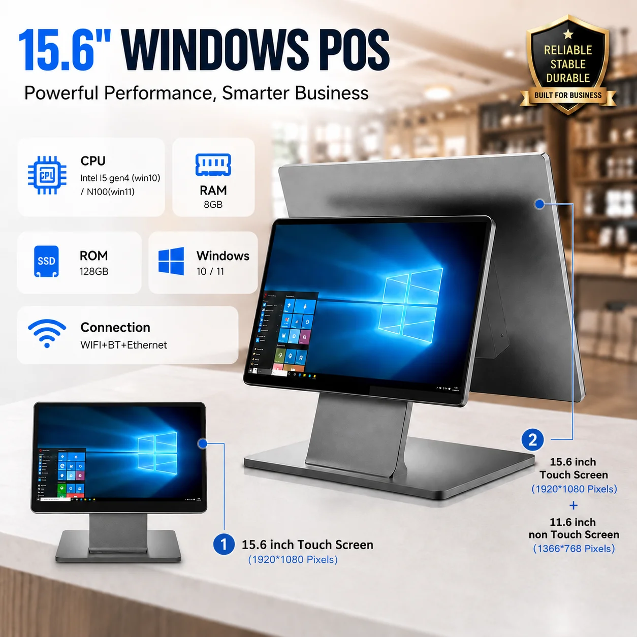 High-end 15.6 inch Windows I5 Gen4 Cash Register, 1920*1080 Touch Screen 8G 128G POS Terminal with Aluminum Alloy Stand & Shell