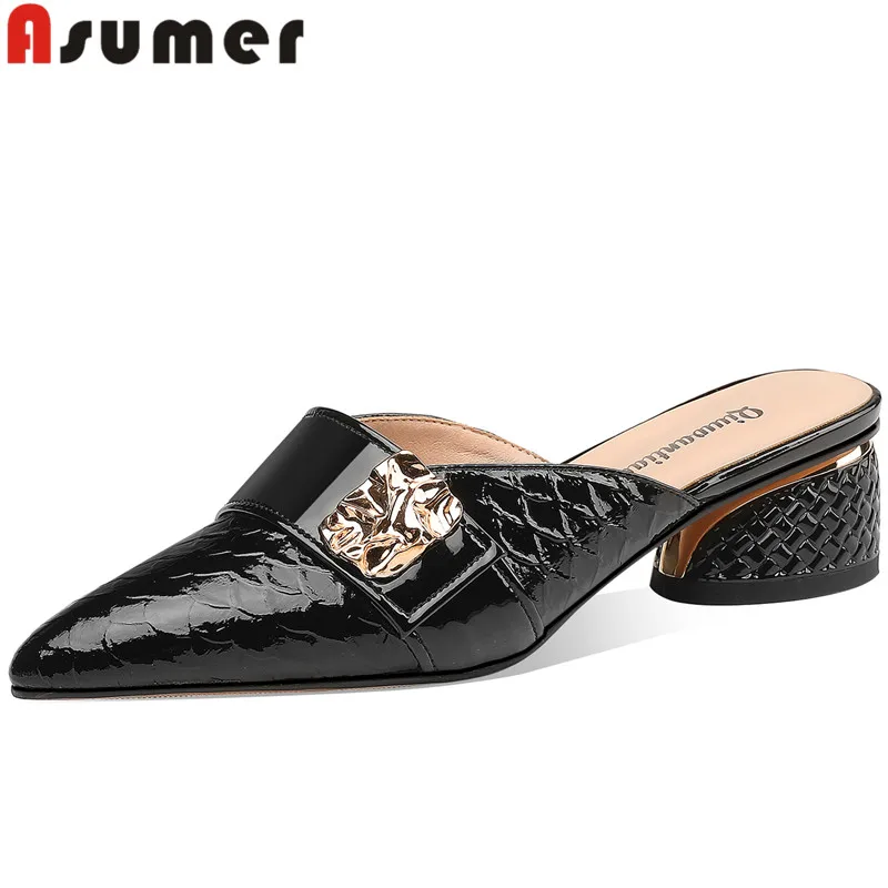 ASUMER 2022 New Arrive Black Round Med Heels Slippers Mules Genuine Leather Women Slippers Popular Ladies Dress Shoes