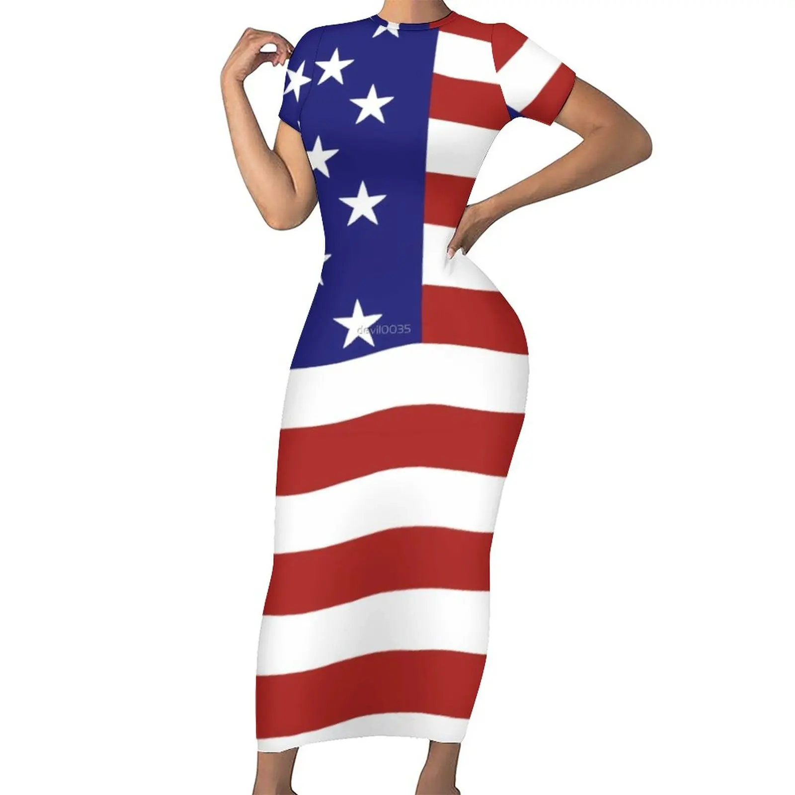 American USA Flag Print Dress Short Sleeve July 4th Street Fashion Maxi Dresses Sexy Bodycon Dress Design Oversized Vestidos