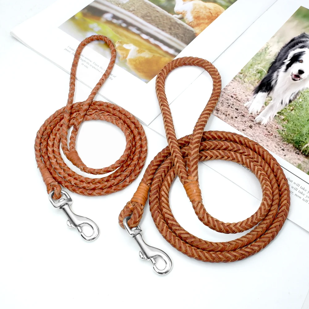 4ft Genuine Leather Dog Leash Soft Real Leather Pet Leash Rolled Braided Dogs Pet Lead for Puppy Small Dogs Walking Brown