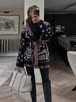 Jacquard Fringe Belted Wrap Knit Cardigan Lapel All Over Pattern Raw Fringe 2026 Autumn Winter Commute Lady Women Casual Coat 3 Jacquard Fringe Belted Wrap Knit Cardigan Lapel All Over Pattern Raw Fringe 2026 Autumn Winter Commute Lady Women Casual Coat 3