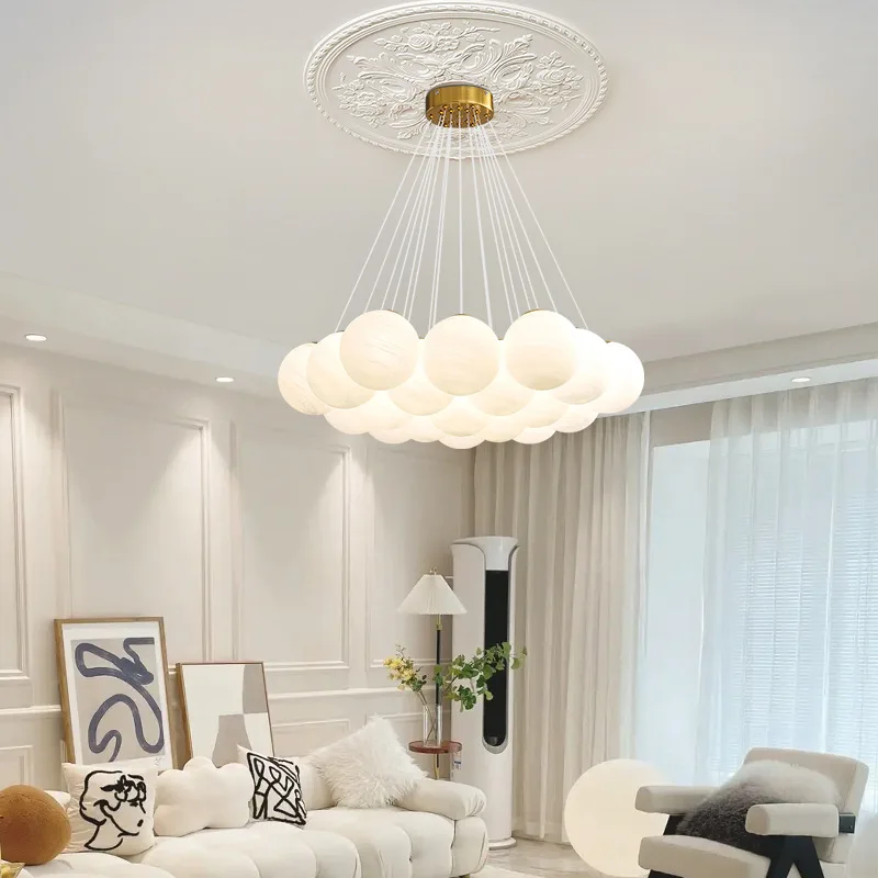 Modern Cream Style White Glass Ball Chandelier Creative LED Bubble Chandelier For Living Room Bedroom Nordic Moon Planet Lamp