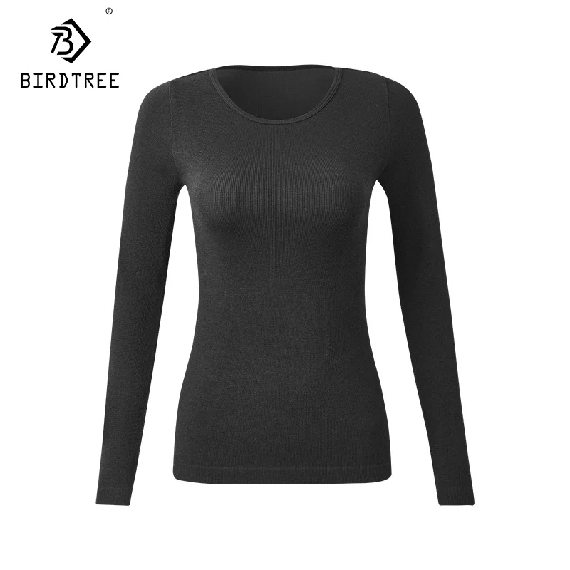 BirdTree, 5.8%Natural Silk, Elegant Knit T-Shirt For Women, Long Sleeve High Stretch, Commute Basics Top, Autumn Winter T49226QM