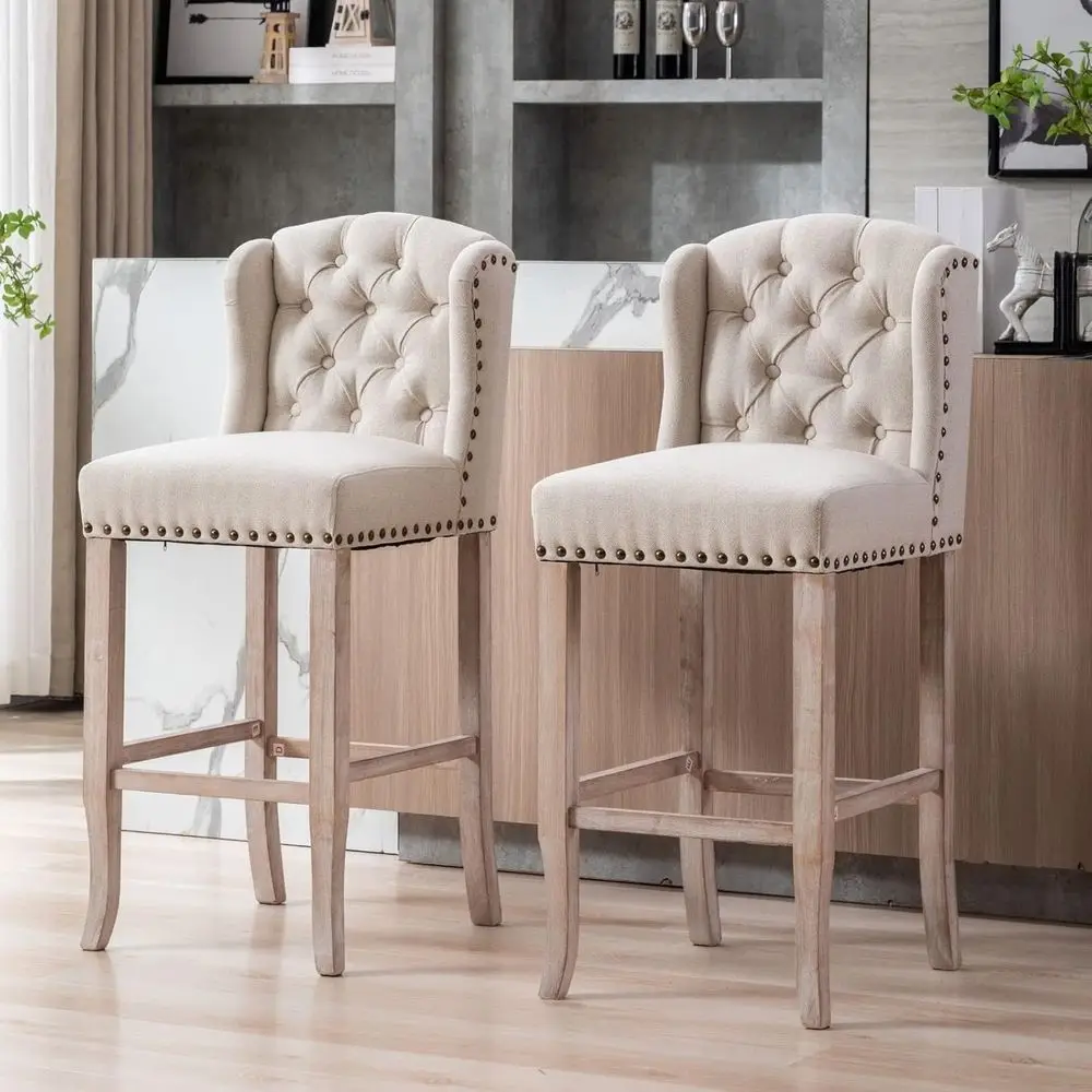 

Set of 2 Linen Wingback Bar Stools with Solid Wood Legs and Nail Trim, Beige