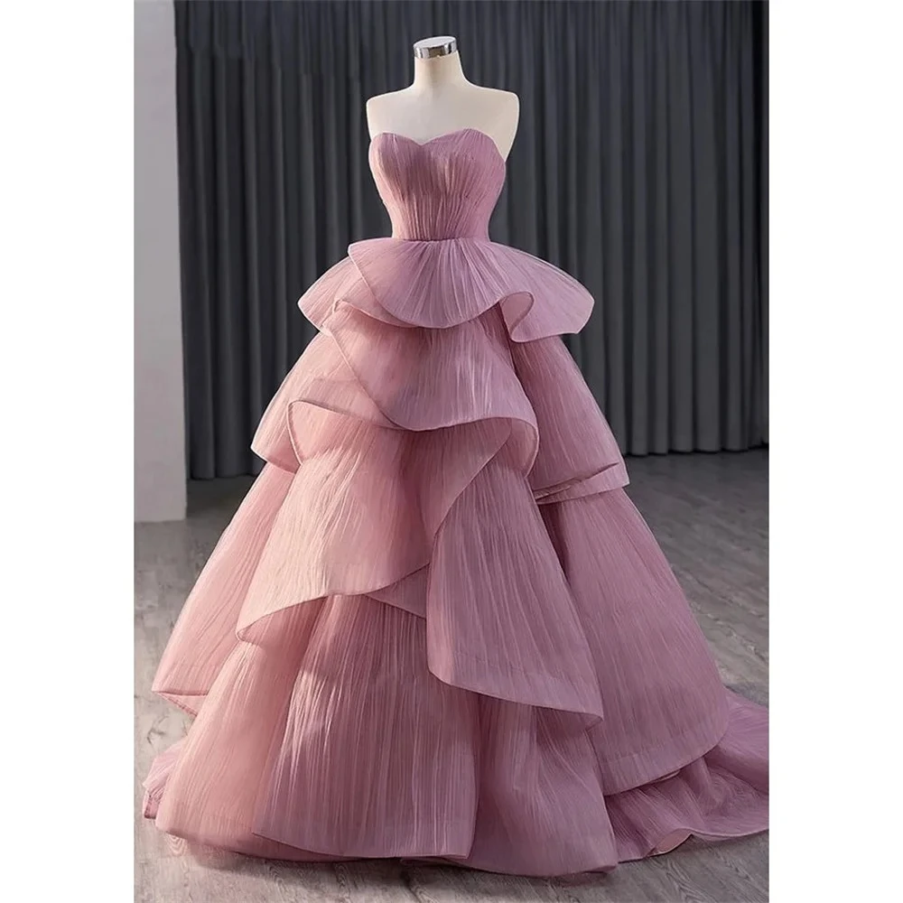 

High Quality Tulle Long Elegant Party Dress Strapless Tiered Celebrity Dress Pleat Sweetheart Special Occasion Dress Customized