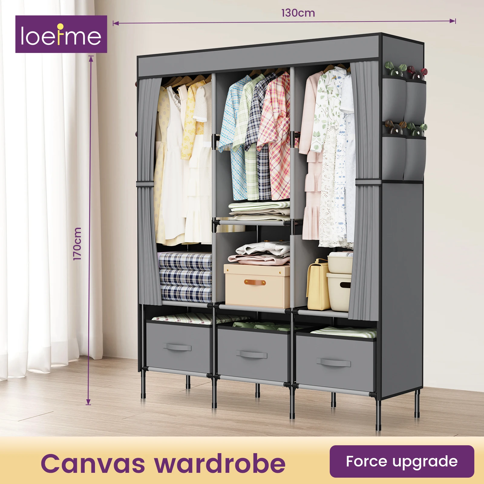LOEFME Canvas-Kleiderschrank, Stoffschränke für Schlafzimmer mit 3 Aufbewahrungsboxen und