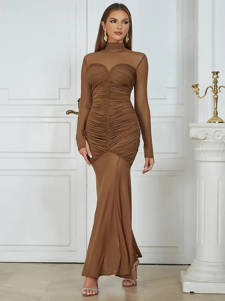 

Sexy Light Brown Mesh Patchwork See Though Bodycon Maxi Dresses for Women Elegant Long Sleeve Ruched Knitted Evening Party Dress