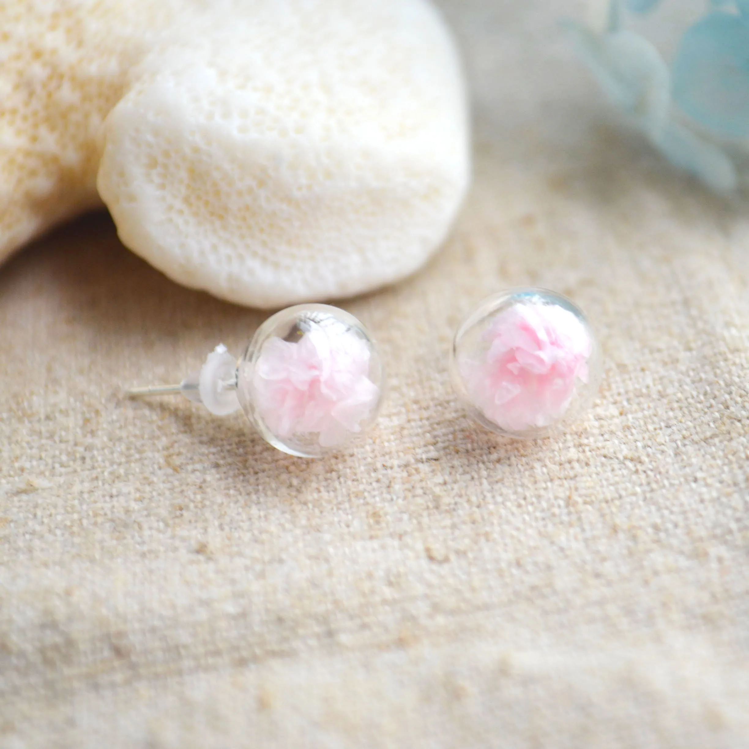 

Pink Blossom Babysbreath Glass Ball Sterling 925 Silver Needle Stud Earrings For Women Boho Fashion Jewelry Bohemian Handmade