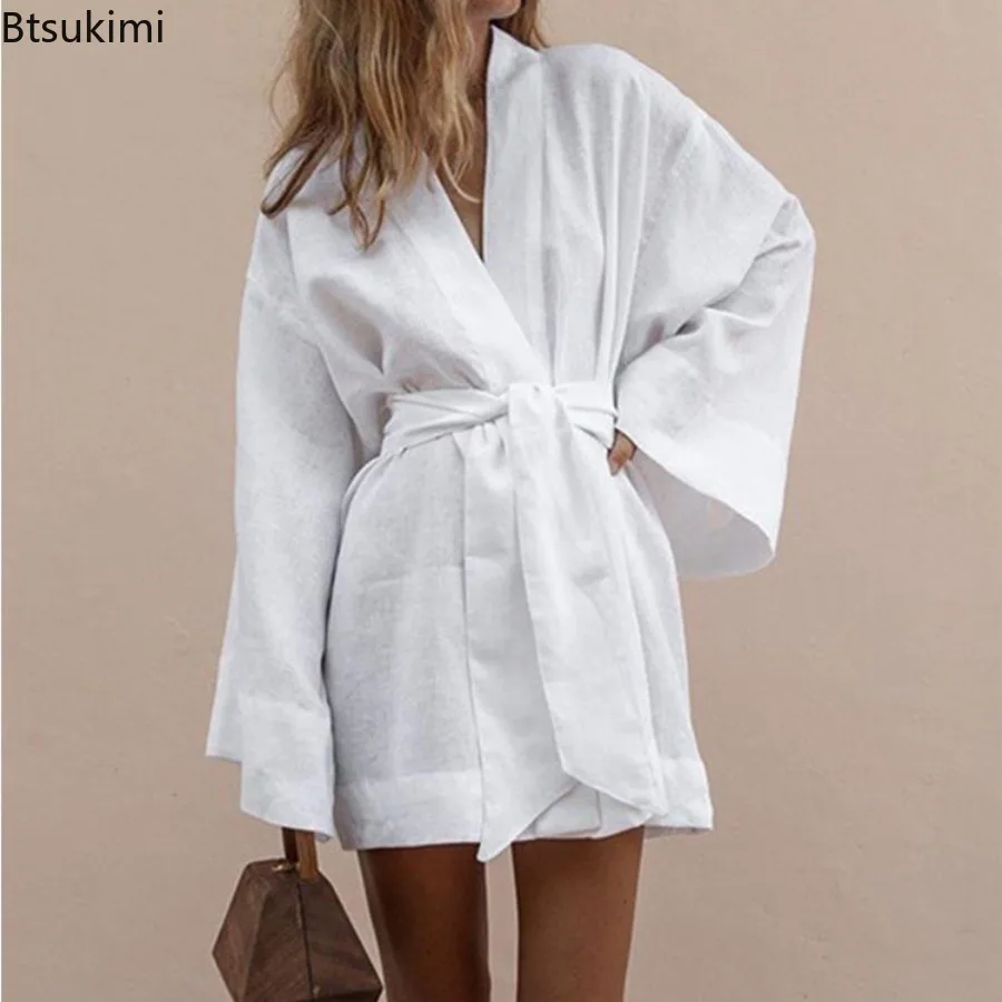 Robe unie en coton et lin pour femmes, manches longues, ceinture, jupe respirante, décontractée, Style Simple, Kimono, ample, mi-longue, chemise
