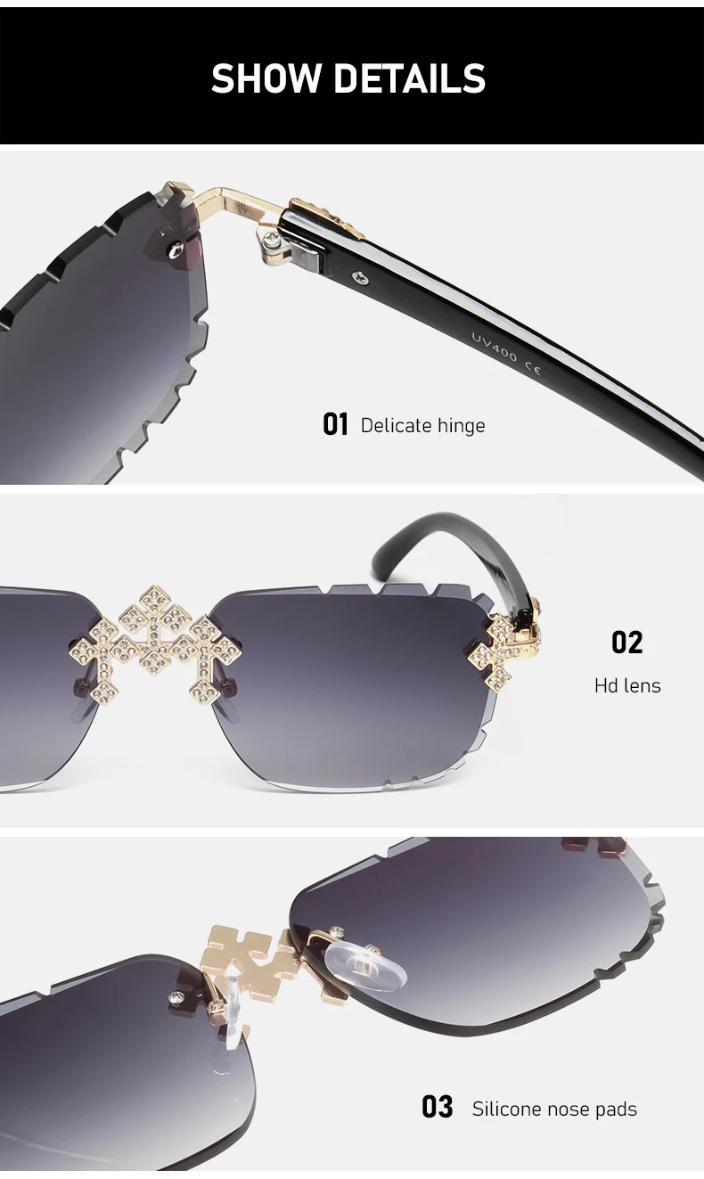 Luxuriöse quadratische randlose Edelstein-Schliff-Sonnenbrille im trendigen Retro-Stil der 90er-Jahre-Hip-Hop-Diamant-Schliff-Linse, rahmenlose Sommer-Sonnenbrille für Männer und Frauen – Detail 3