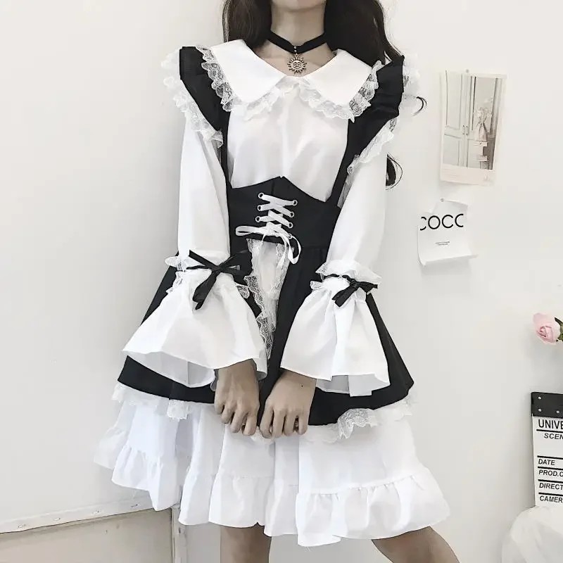 女性のための黒と白のレースのドレス,長袖の日本のドレス,かわいいダークロリータ,クロスストラップ,ゴシックロリータの服