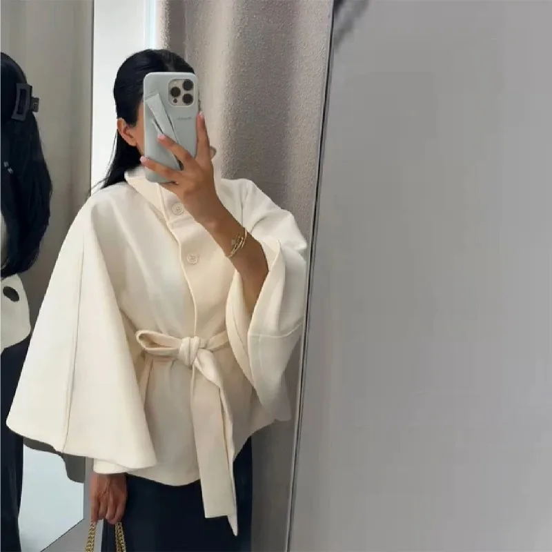 

chic vintage cape jacket with belt stand neck single breasted loose coat loose flare sleeve coats early lady autumn Y2K outwears