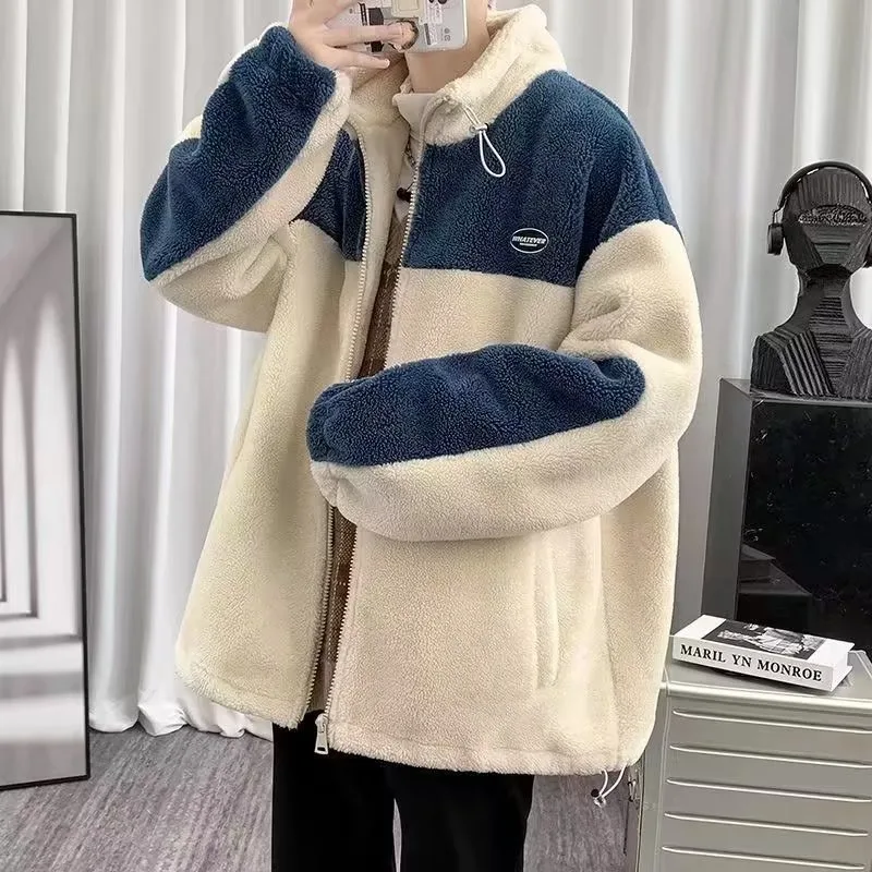 Winter Fleece Fluffy Jacket Warm Zipper Patchwork Coat Korean Men Autumn Lightweight Jackets Streetwear Hip Hop Harajuku Top 후드티